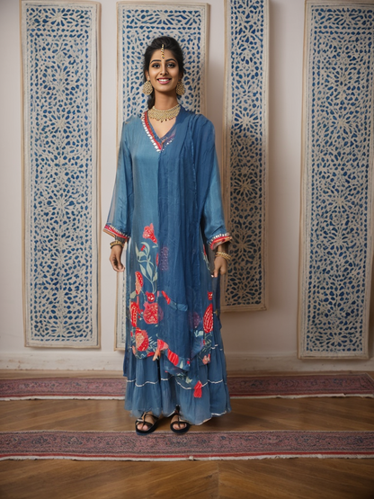 Regal Blue Ensemble Sharara Skirt Dupata Set