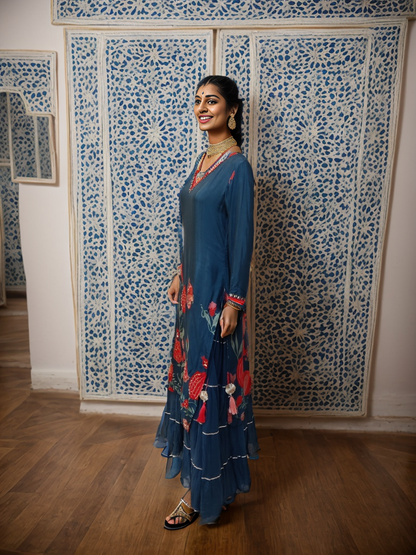 Regal Blue Ensemble Sharara Skirt Dupata Set